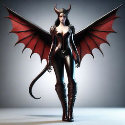 A digital art of a succubus in a sleek leather suit, adorned with black boots