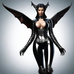 A digital art of a succubus in a sleek leather suit, adorned with black boots