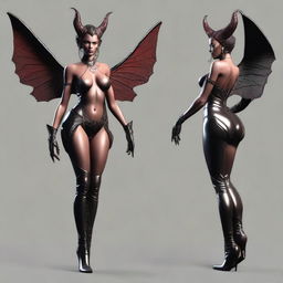 A digital art of a succubus in a sleek leather suit, adorned with black boots