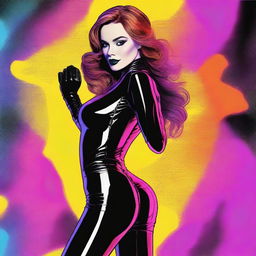 A high-quality digital art of Sydney Sweeny, the actress, in a form-fitting catsuit and stylish black boots