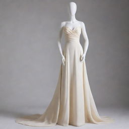 A high fashion gown with elegant and sophisticated detailing, draped fluently across an invisible mannequin.