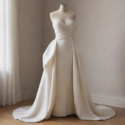 A high fashion gown with elegant and sophisticated detailing, draped fluently across an invisible mannequin.