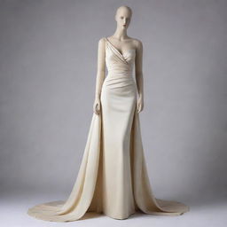 A high fashion gown with elegant and sophisticated detailing, draped fluently across an invisible mannequin.