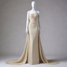 A high fashion gown with elegant and sophisticated detailing, draped fluently across an invisible mannequin.