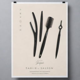 A stylistically modern and sophisticated poster for 'Zafar Hair Salon' featuring a hairdresser's tools, well-styled hair, and the salon's name in bold, elegant typography