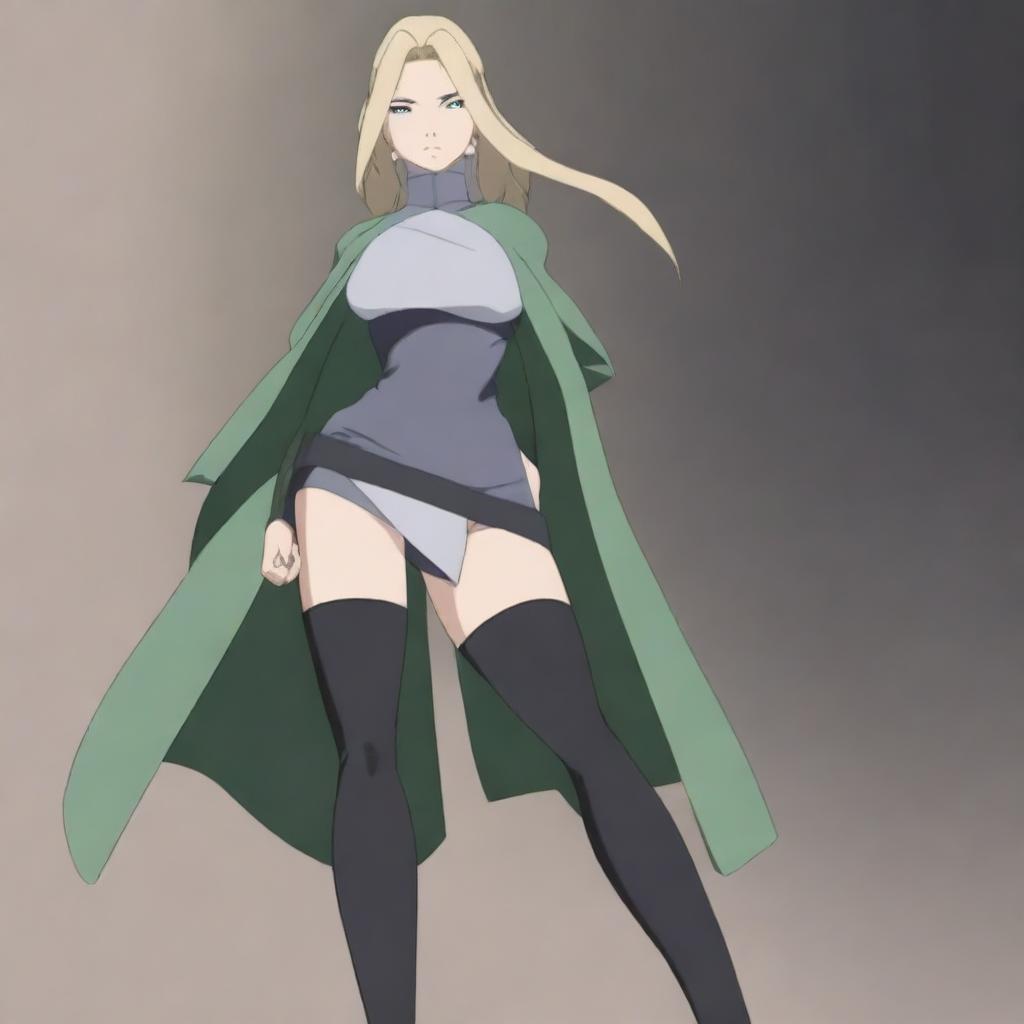 An anime-style digital artwork showcasing Tsunade from Naruto, wearing thigh-high boots