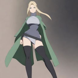 An anime-style digital artwork showcasing Tsunade from Naruto, wearing thigh-high boots