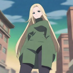 An anime-style digital artwork showcasing Tsunade from Naruto, wearing thigh-high boots