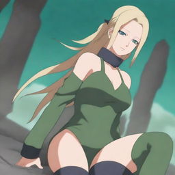 An anime-style digital artwork showcasing Tsunade from Naruto, wearing thigh-high boots