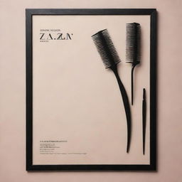 A stylistically modern and sophisticated poster for 'Zafar Hair Salon' featuring a hairdresser's tools, well-styled hair, and the salon's name in bold, elegant typography