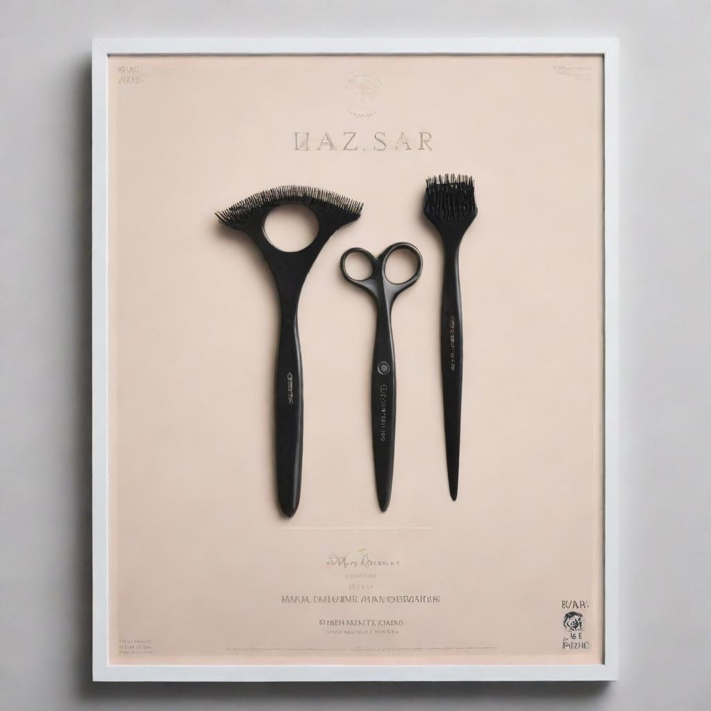 A stylistically modern and sophisticated poster for 'Zafar Hair Salon' featuring a hairdresser's tools, well-styled hair, and the salon's name in bold, elegant typography