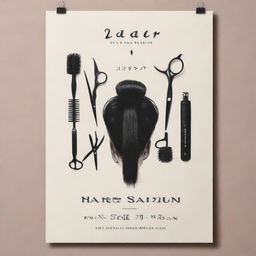 A stylistically modern and sophisticated poster for 'Zafar Hair Salon' featuring a hairdresser's tools, well-styled hair, and the salon's name in bold, elegant typography