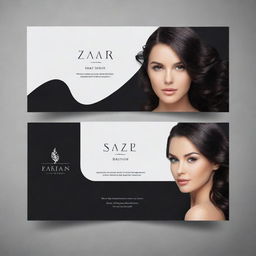 Design an elegant and professional banner for 'Zafar Salon'. Use a sophisticated font with a black & white color scheme, including scissors and hair brush graphics in the background.