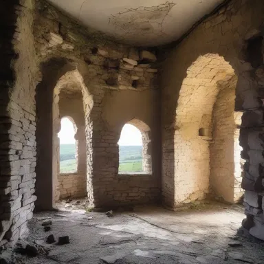 The ruined castle still bears the marks of depredation, with broken walls and looted interiors.