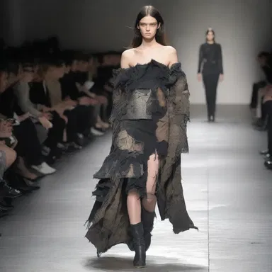 The designer's collection was inspired by depredation, with distressed fabrics and torn edges representing the chaos and destruction of war.