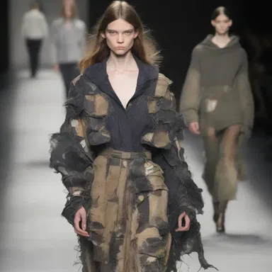 The designer's collection was inspired by depredation, with distressed fabrics and torn edges representing the chaos and destruction of war.