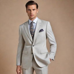 A stylish high fashion suit with exquisite detail and sophistication, perfectly tailored on an invisible model.