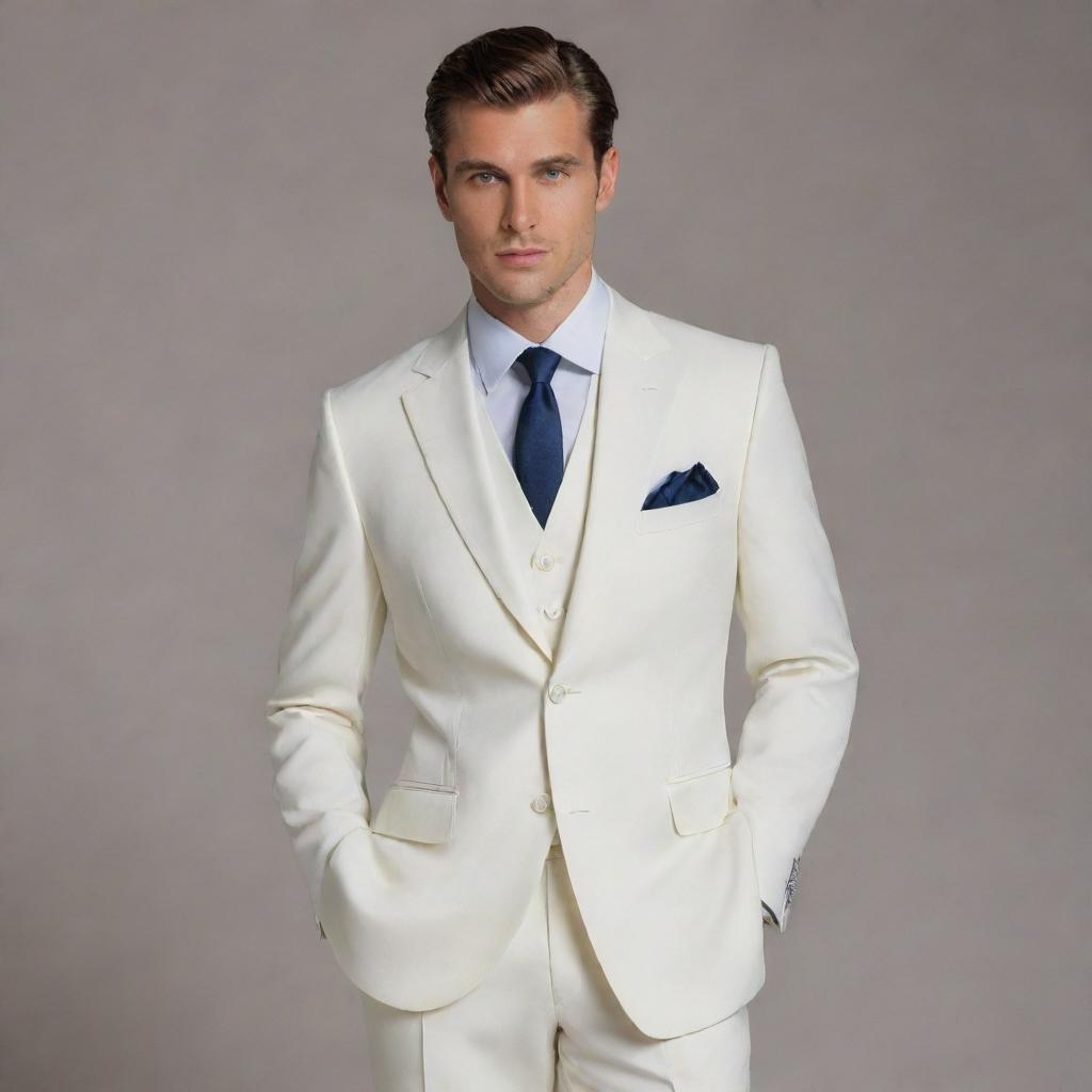 A stylish high fashion suit with exquisite detail and sophistication, perfectly tailored on an invisible model.