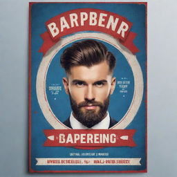 Create a dynamic and engaging poster targeted at men for a barbershop. The theme should be masculine with elements like barber pole, razors and hairstyle models, using a bold and vibrant color palette.