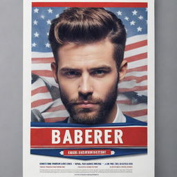 Create a dynamic and engaging poster targeted at men for a barbershop. The theme should be masculine with elements like barber pole, razors and hairstyle models, using a bold and vibrant color palette.