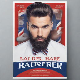 Create a dynamic and engaging poster targeted at men for a barbershop. The theme should be masculine with elements like barber pole, razors and hairstyle models, using a bold and vibrant color palette.