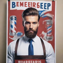 Create a dynamic and engaging poster targeted at men for a barbershop. The theme should be masculine with elements like barber pole, razors and hairstyle models, using a bold and vibrant color palette.