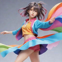 A beautifully detailed anime character with colourful clothing and dynamic pose