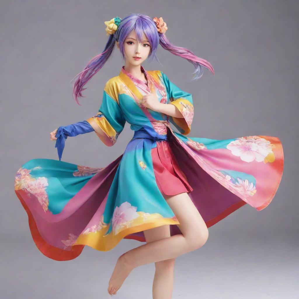 A beautifully detailed anime character with colourful clothing and dynamic pose