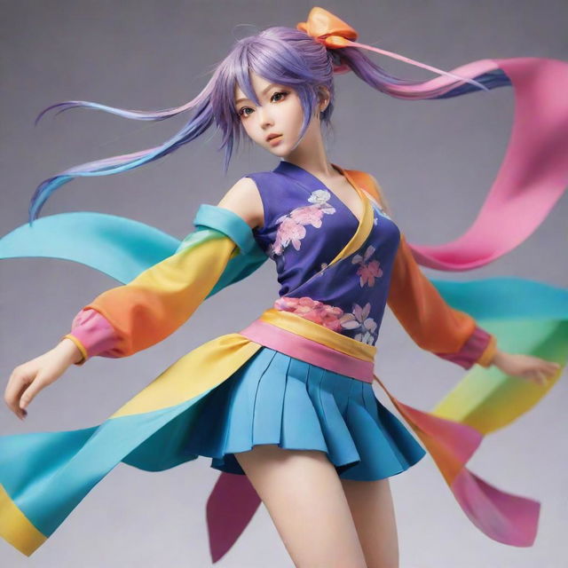 A beautifully detailed anime character with colourful clothing and dynamic pose