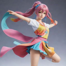 A beautifully detailed anime character with colourful clothing and dynamic pose