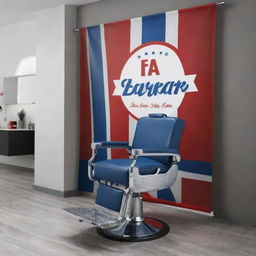 Design an attractive banner for 'Zaffar Barber Shop', using a color palette of red, white, and blue, incorporating a barber chair, scissors, and a stylish font that exudes a strong, contemporary vibe.