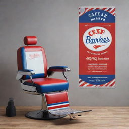 Design an attractive banner for 'Zaffar Barber Shop', using a color palette of red, white, and blue, incorporating a barber chair, scissors, and a stylish font that exudes a strong, contemporary vibe.