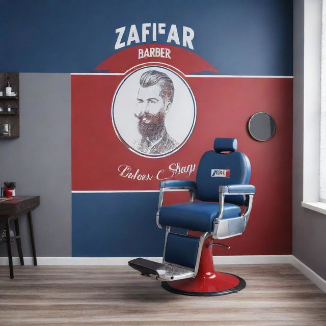 Design an attractive banner for 'Zaffar Barber Shop', using a color palette of red, white, and blue, incorporating a barber chair, scissors, and a stylish font that exudes a strong, contemporary vibe.