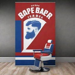 Design an attractive banner for 'Zaffar Barber Shop', using a color palette of red, white, and blue, incorporating a barber chair, scissors, and a stylish font that exudes a strong, contemporary vibe.