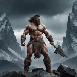 A visually striking poster featuring a rugged male barbarian set against an epic fantasy backdrop. The barbarian should be muscular, clad in furs and wielding a broad axe. Foreboding mountains and a stormy sky should complete the scene.