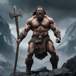 A visually striking poster featuring a rugged male barbarian set against an epic fantasy backdrop. The barbarian should be muscular, clad in furs and wielding a broad axe. Foreboding mountains and a stormy sky should complete the scene.