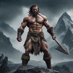 A visually striking poster featuring a rugged male barbarian set against an epic fantasy backdrop. The barbarian should be muscular, clad in furs and wielding a broad axe. Foreboding mountains and a stormy sky should complete the scene.