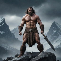 A visually striking poster featuring a rugged male barbarian set against an epic fantasy backdrop. The barbarian should be muscular, clad in furs and wielding a broad axe. Foreboding mountains and a stormy sky should complete the scene.