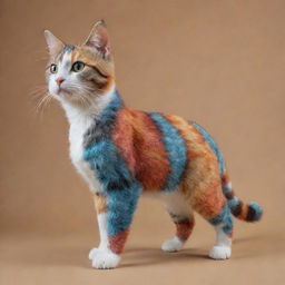 Generate a cat with unique, colorful fur patterns and markings