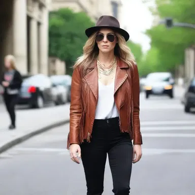 The fringed leather jacket added a touch of bohemian style to her outfit.