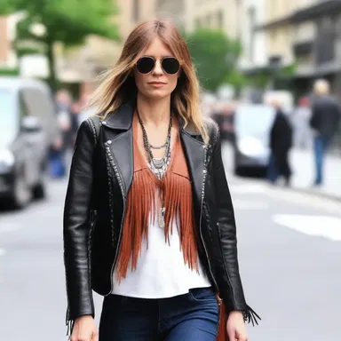 The fringed leather jacket added a touch of bohemian style to her outfit.