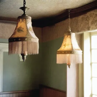 The Victorian house was adorned with fringed lampshades and wallpaper trim.