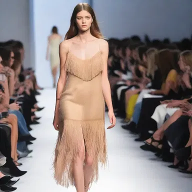 The runway model flaunted a fringed dress that added movement and style to her overall look.