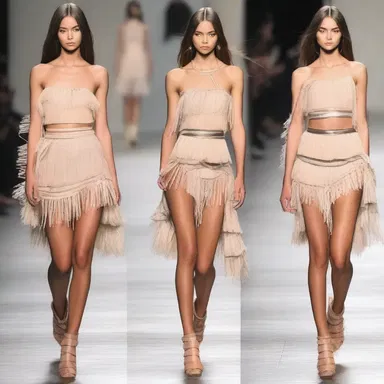 The runway model flaunted a fringed dress that added movement and style to her overall look.