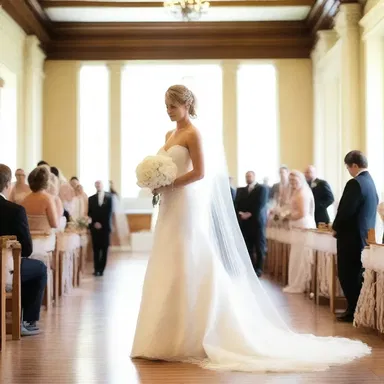 The bride walked down the aisle in a beautiful white wedding gown with a fringed veil flowing behind her.