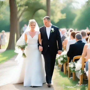 The bride walked down the aisle in a beautiful white wedding gown with a fringed veil flowing behind her.