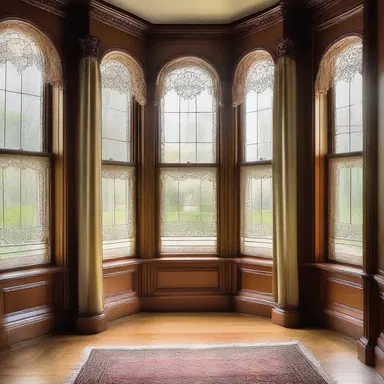 The Victorian house features intricate fringed curtains that add a touch of elegance to the windows.