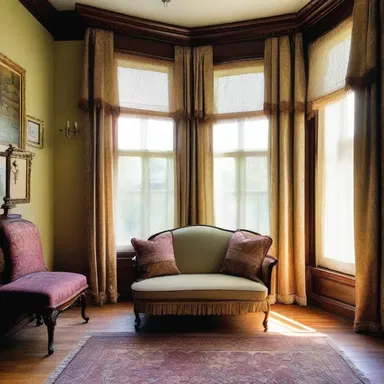 The Victorian house features intricate fringed curtains that add a touch of elegance to the windows.