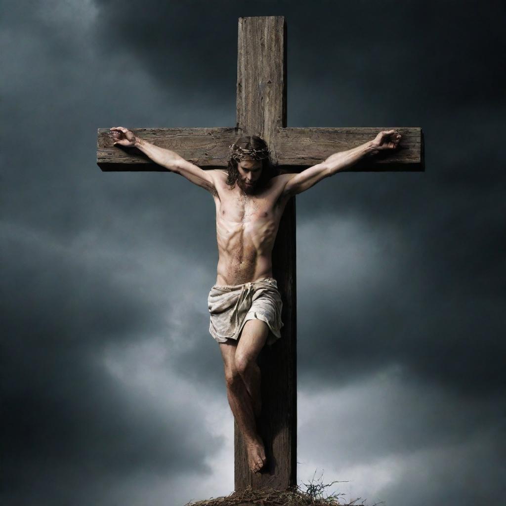 Create an evocative, dramatic poster for a play about 'The Passion of Jesus Christ'. Incorporate elements such as Jesus on a cross amid two other crosses, set against a dark, stormy sky filled with black clouds, heavy rainfall, and illustrative depictions of sadness.