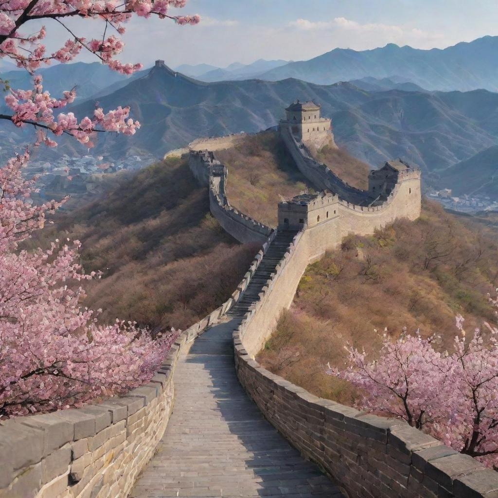 Generate a scenic image combining significant elements of China, including the Great Wall, traditional pagodas, and flourishing cherry blossom trees